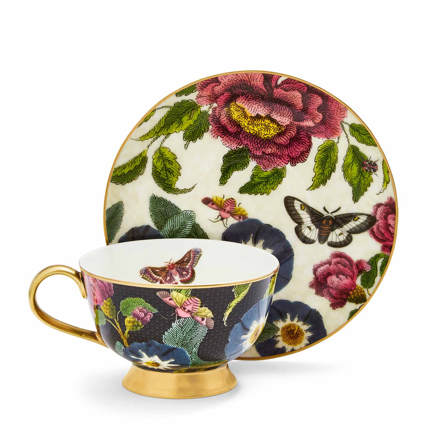Creatures of Curiosity  Dark Floral Coupe Teacup and Saucer (Black/White) image number null